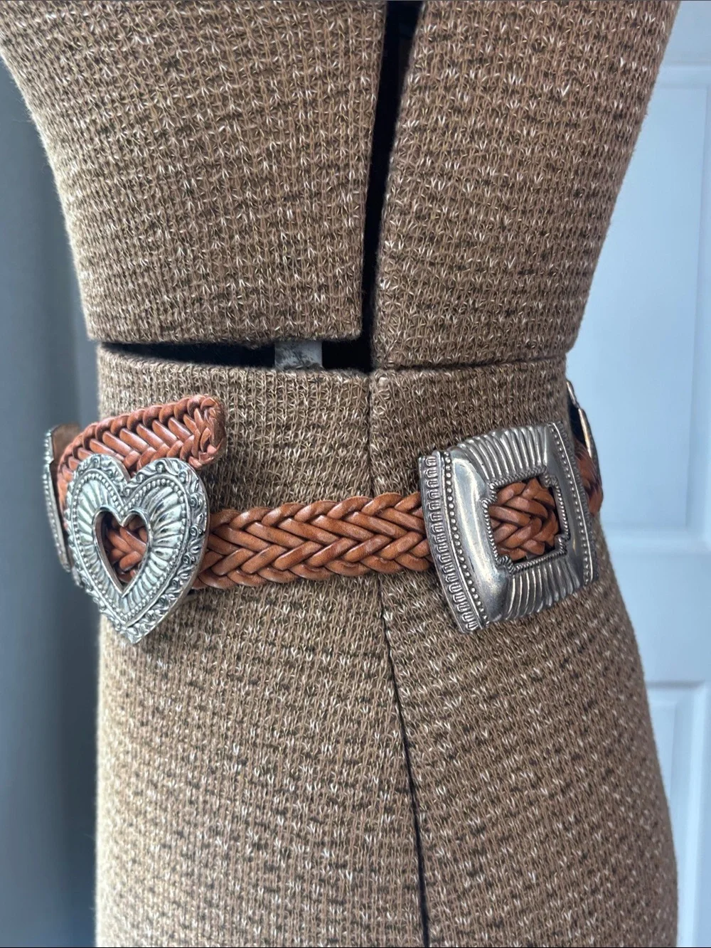 VTG 1994 Brighton Tan Braided Leather Belt with Silver Heart + Cross Conchos